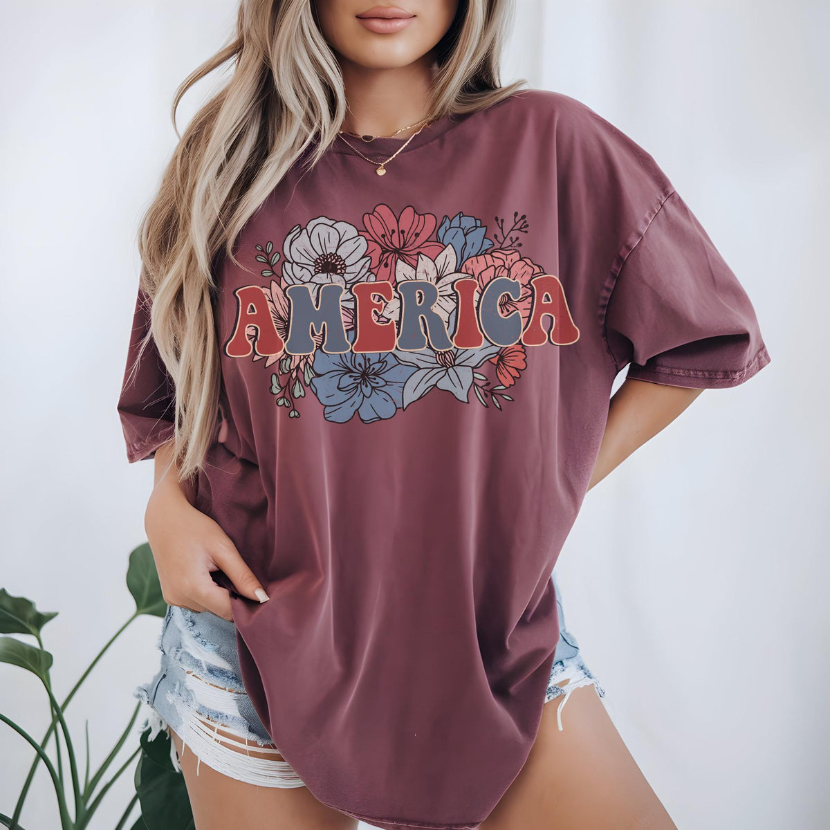 Retro Floral America Shirt, Trendy 4th of July Tee, Patriotic Shirt, USA Tee, Cute Gift for Her
