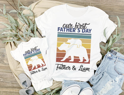 Our First Father's Day 2025 Shirt, Custom Dad and Baby Matching Tee, Daddy Bear Shirt with Kids’ Name, 1st Father’s Day Gift