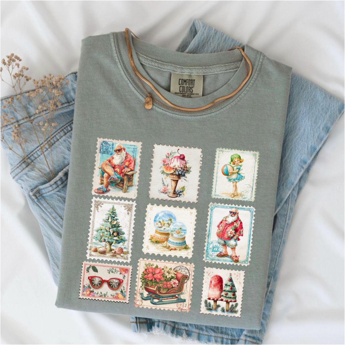 Vintage Christmas Shirt, Retro Holiday Stamps Tee, Festive Winter Tee, Summer Xmas Shirt, Christmas Party Shirt