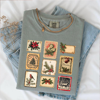 Vintage Christmas Shirt, Retro Holiday Stamps Tee, Festive Winter Tee, Christmas Party Shirt, Cute Xmas Shirt