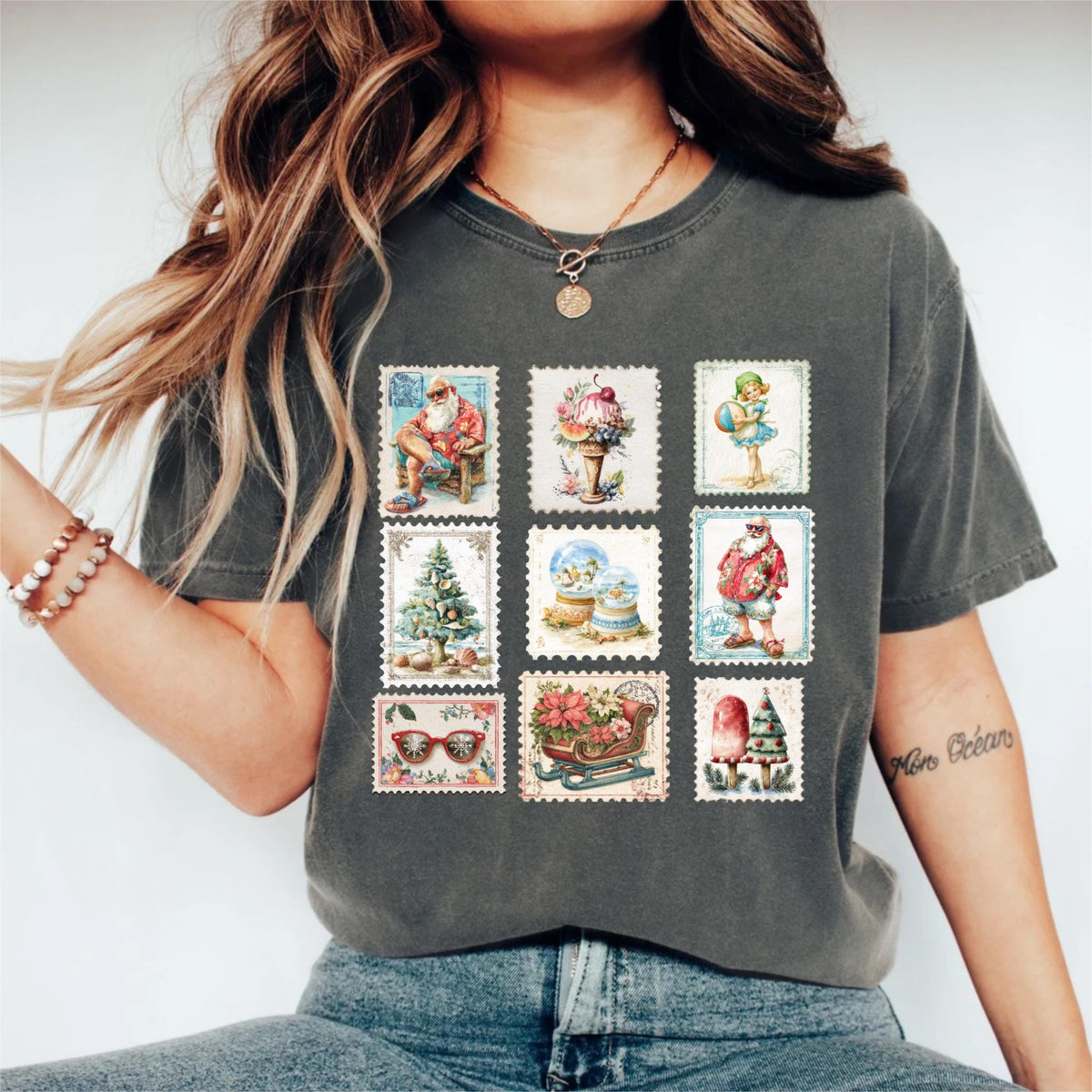 Vintage Christmas Shirt, Retro Holiday Stamps Tee, Festive Winter Tee, Summer Xmas Shirt, Christmas Party Shirt