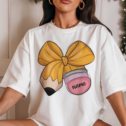 Custom Teacher Bow Shirt with Name, Back to School Tee, Teacher Appreciation Gift, Personalized School Shirt, Gift for Teachers & Educators