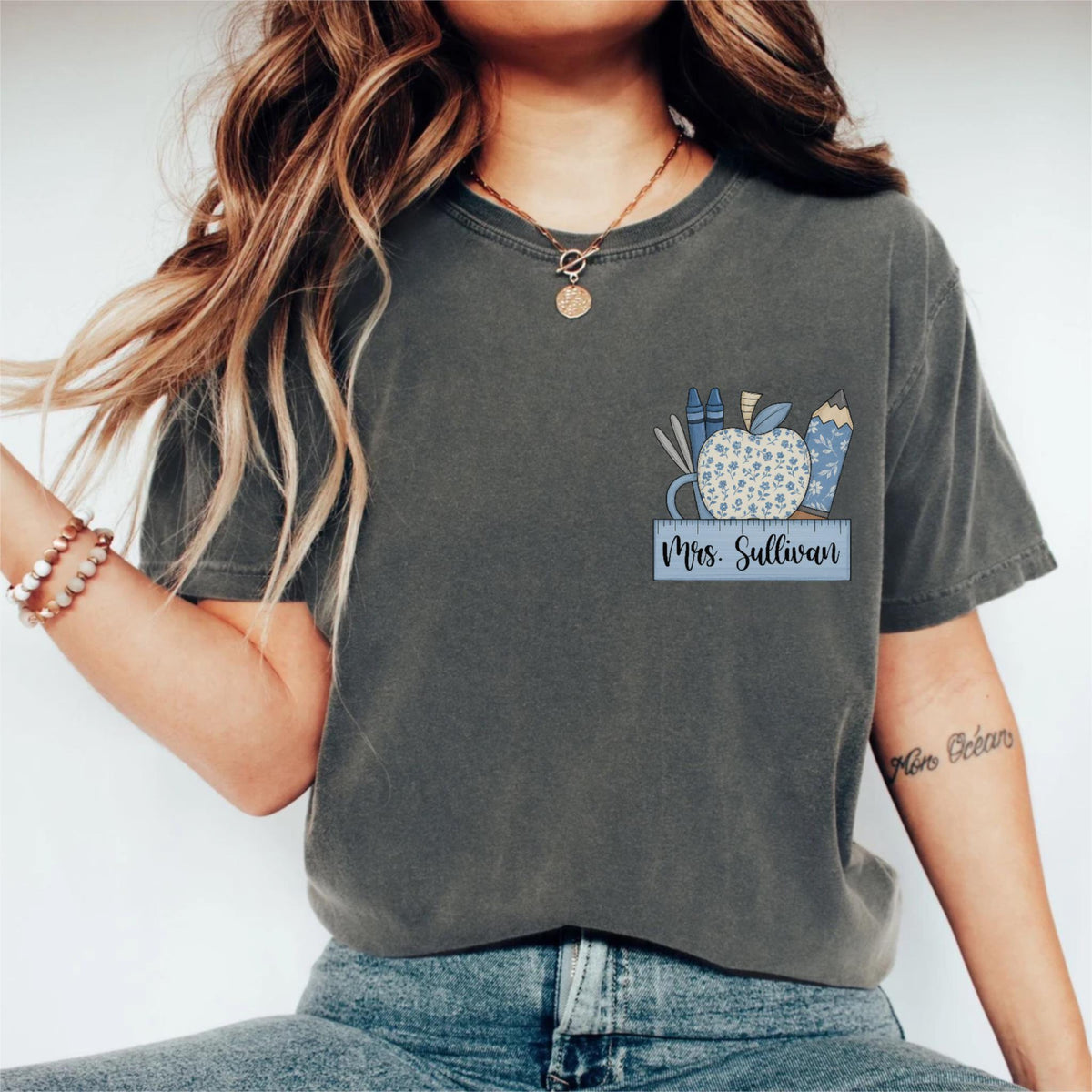 Custom Teacher Name Shirt, Toile de Jouy Preppy Teacher Tee, Cute Back to School Shirt, Teacher Appreciation Gift, New Teacher T-Shirt