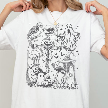May include: White t-shirt featuring a black and white Halloween-themed graphic. The design includes a skeleton crow, skull, ghost, scarecrow, witch reading a book, bats, and other spooky elements. A fun and festive design for the Halloween season.
