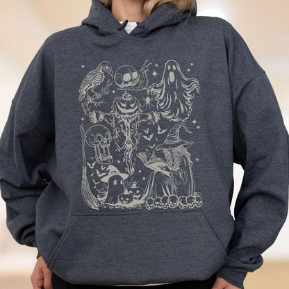 May include: Dark gray hoodie featuring a cream-colored Halloween-themed graphic. The graphic includes a crow, skulls, a ghost, a scarecrow with a pumpkin head, a witch reading a book, bats, and other spooky elements.