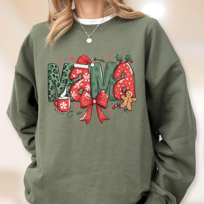 May include: Olive green sweatshirt with the word "Mama" in a festive Christmas design. The letters feature leopard print, snowflakes, and red polka dots. A Santa hat, bow, gingerbread man, and holly complete the holiday theme.
