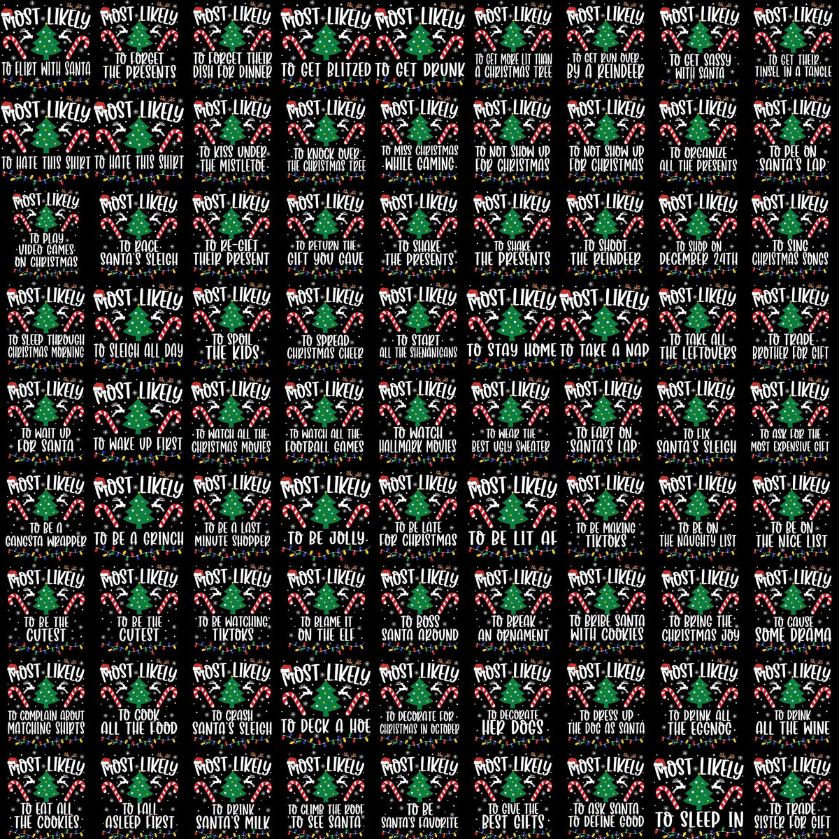 May include: Black background with a repeating pattern of Christmas-themed text. Each block features a Christmas tree, candy canes, and the phrase "Most Likely" followed by a humorous holiday activity, such as "To Get Blitzed To Get Drunk."