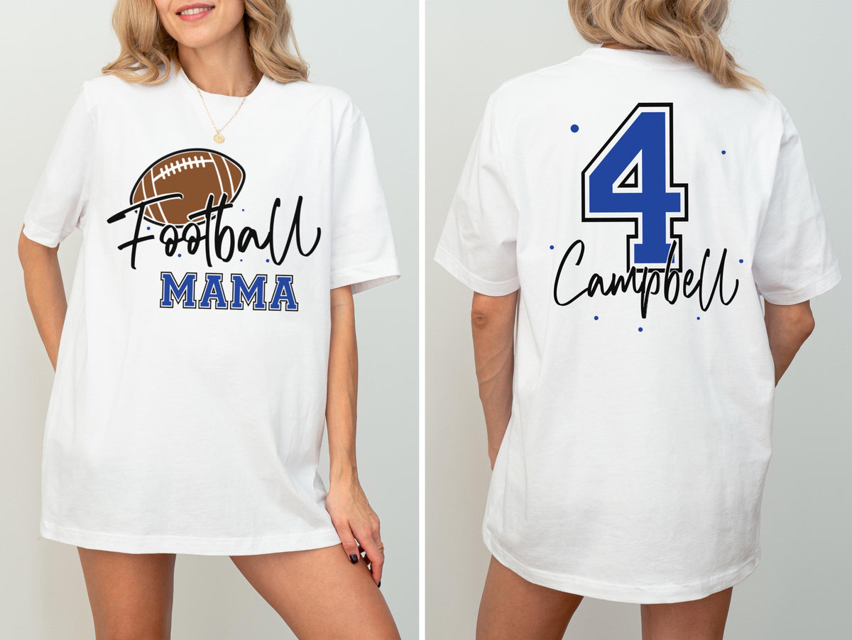 May include: White t-shirt with a football graphic and the words "Football MAMA" in black and blue. The back of the shirt displays a blue number 4 with the name "Campbell" in black. A casual, oversized fit.