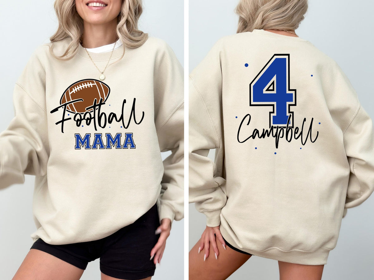 May include: Beige sweatshirt with the text "Football Mama" and a football graphic on the front. The back features a blue number 4 with a black outline and the name "Campbell".