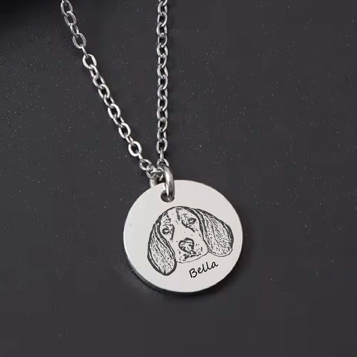 May include: A silver-colored necklace with a round pendant featuring a detailed engraved portrait of a dog's face. The dog's name, "Bella," is inscribed below the image. The chain is made of small, linked metal pieces.