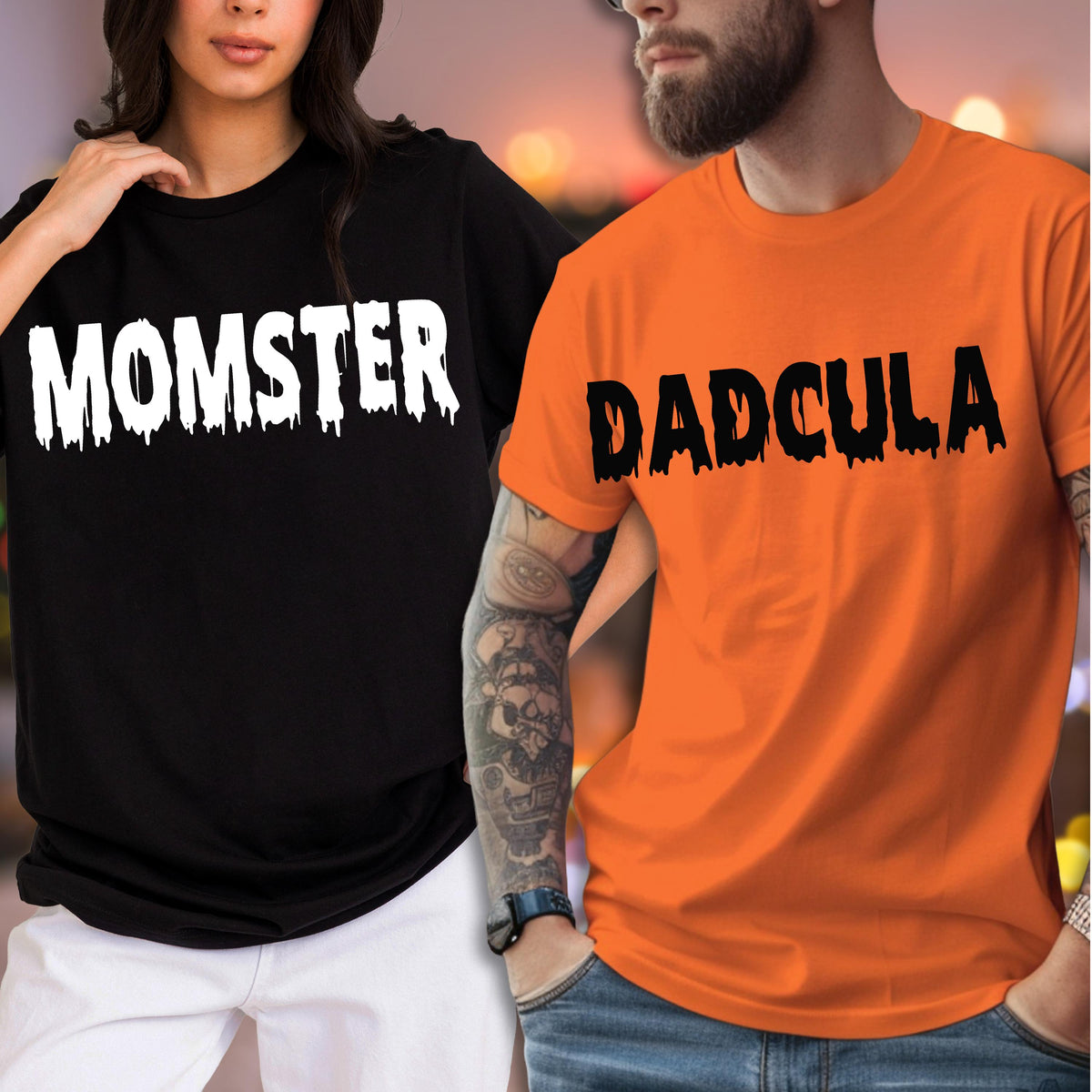 May include: A black t-shirt with the white text MOMSTER in a dripping font and an orange t-shirt with the black text DADCULA in a dripping font. Both shirts feature short sleeves and a crew neckline, presented as a pair of casual garments.
