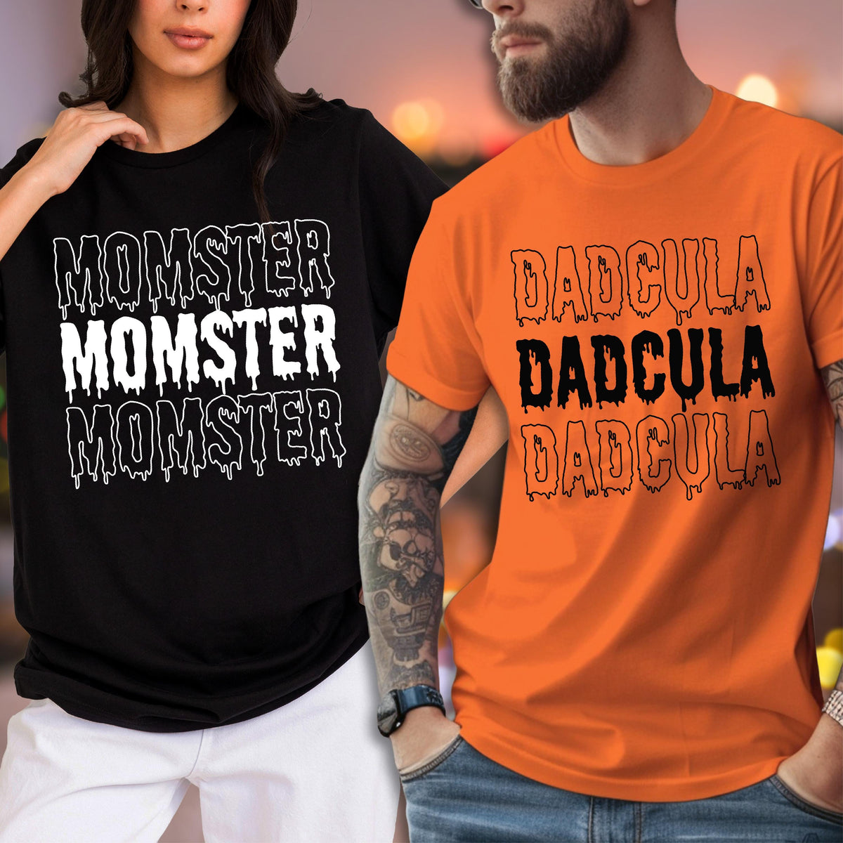 May include: Black t-shirt with the word "MOMSTER" in white dripping font. Orange t-shirt with the word "DADcula" in black dripping font. Both shirts are short-sleeved and suitable for Halloween.