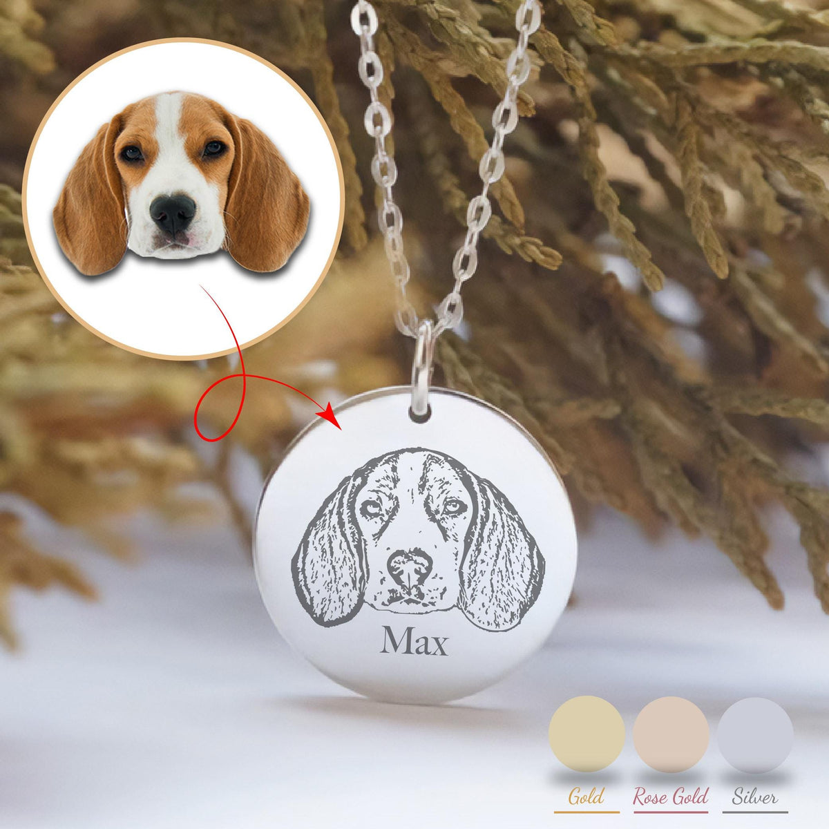 May include: A silver pendant necklace featuring a detailed engraved image of a beagle's face, with the name "Max" below. The necklace includes a chain and a small inset image of the dog. Gold, rose gold, and silver color options are shown.