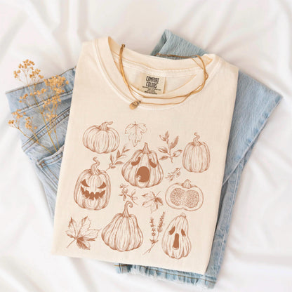Hand-Drawn Pumpkin Shirt: Vintage Floral Fall Tee
