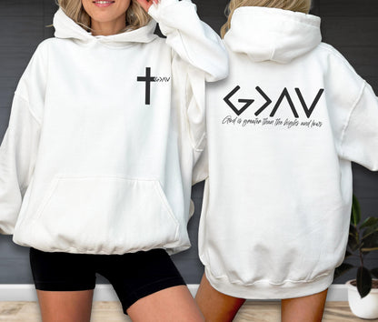 Christian Cross Hoodie - Sweatshirt, God Is Greater Than Highs And Lows Sweater, Religious Gift For Women Men, Faith Bible Verse Gift