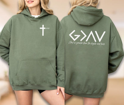Christian Cross Hoodie - Sweatshirt, God Is Greater Than Highs And Lows Sweater, Religious Gift For Women Men, Faith Bible Verse Gift