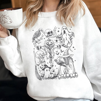 May include: White sweatshirt featuring a black and white Halloween-themed graphic. The design includes a crow skeleton, skull, ghost, spider, scarecrow, bats, witch, broom, pumpkins, and skulls. A mug with a dog design is held in the image.