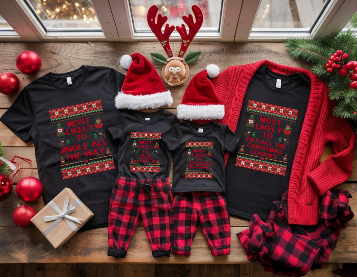 May include: A festive Christmas family matching set featuring black t-shirts with holiday graphics and text, red plaid pajama pants, and Santa hats. A red cardigan and decorative ornaments complete the holiday theme.