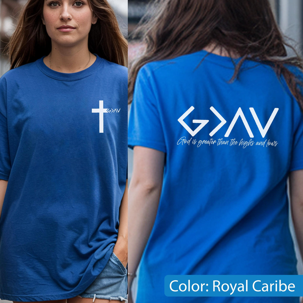 May include: A royal blue short-sleeve t-shirt featuring a white cross and the text G>AV on the front left chest. The back of the shirt displays the text G>AV in large white letters above the phrase God is greater than the highs and lows.
