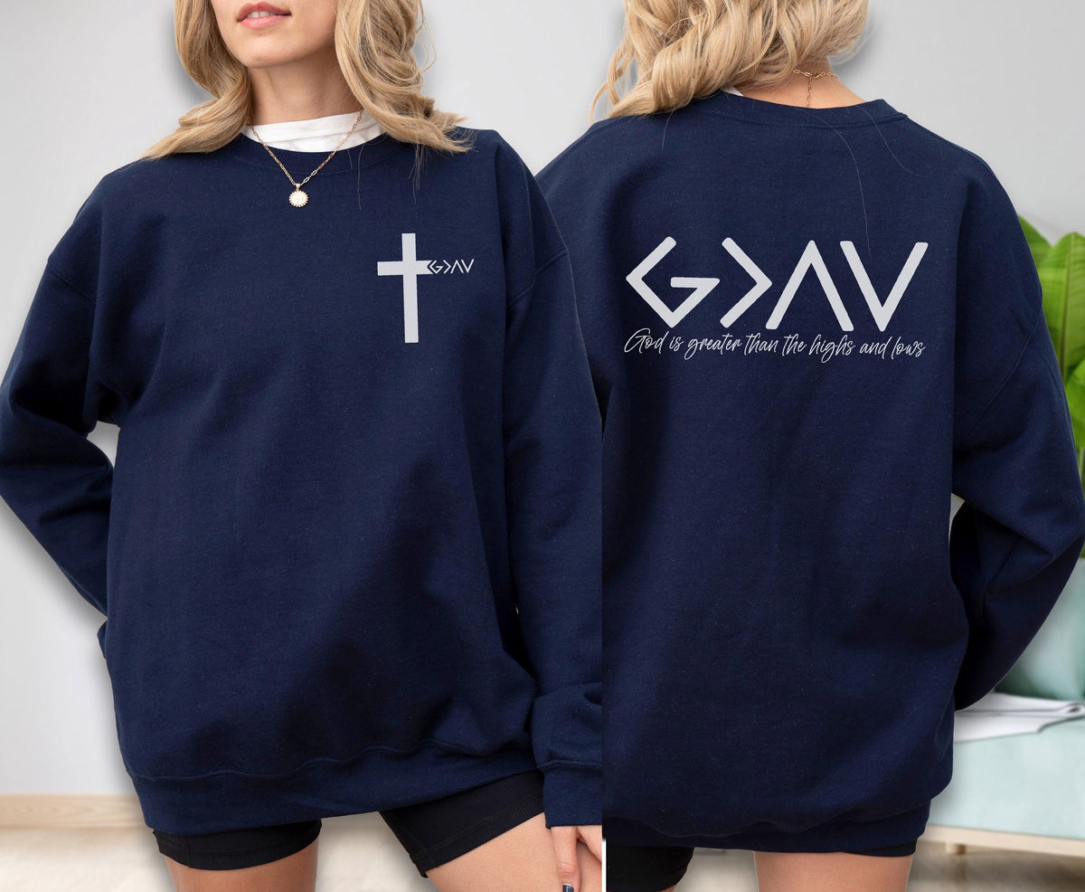 Christian Cross Hoodie - Sweatshirt, God Is Greater Than Highs And Lows Sweater, Religious Gift For Women Men, Faith Bible Verse Gift