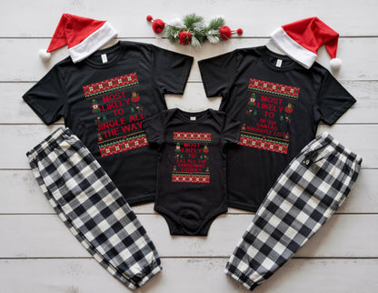 May include: A family Christmas pajama set featuring black t-shirts and a onesie with festive text and designs. The set includes matching black and white plaid pajama pants and red Santa hats. The text on the shirts reads "Most Likely To Jingle All The Way" and "Most Likely To Be On Santa's Naughty List".