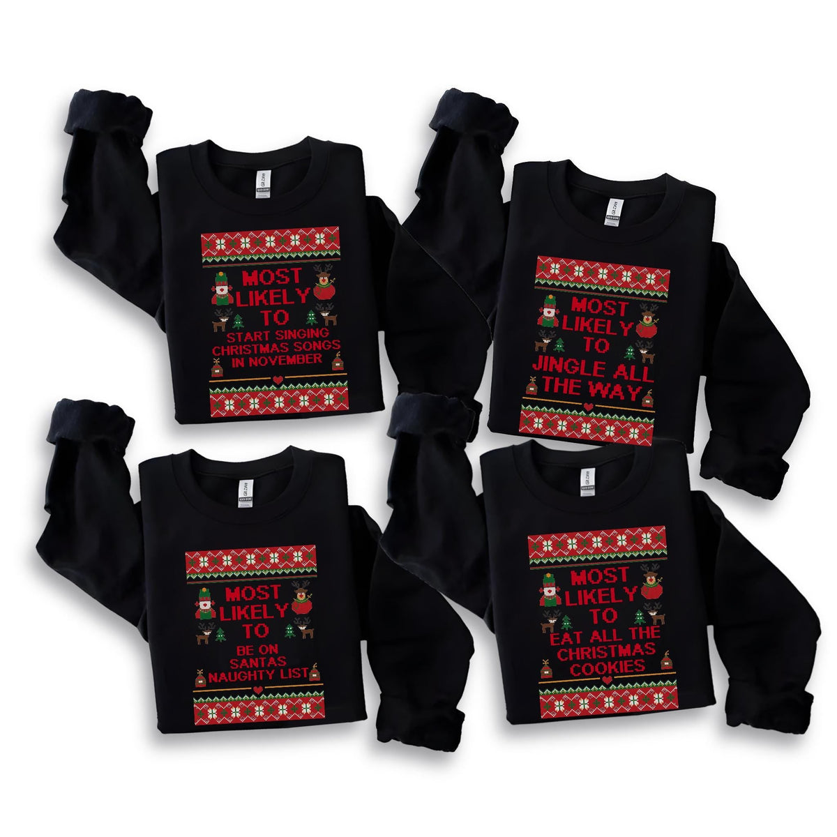 May include: Four black long-sleeved shirts with festive Christmas-themed designs. Each shirt features a red and white patterned border and the words "MOST LIKELY TO" followed by a different holiday-related phrase in red and green.
