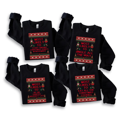 May include: Four black long-sleeved shirts with festive Christmas-themed designs. Each shirt features a red and white patterned border and the words "MOST LIKELY TO" followed by a different holiday-related phrase in red and green.