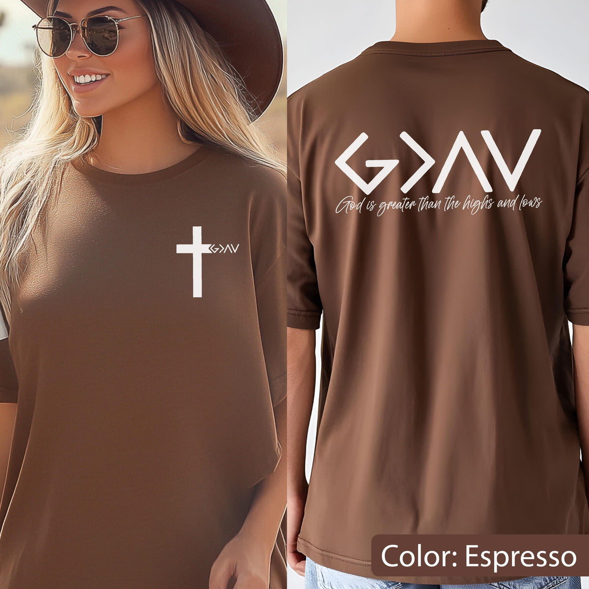 May include: An espresso brown t-shirt featuring a white cross and the text G>AV on the front left chest. The back displays the large white text G>AV with the script phrase God is greater than the highs and lows printed underneath in white.