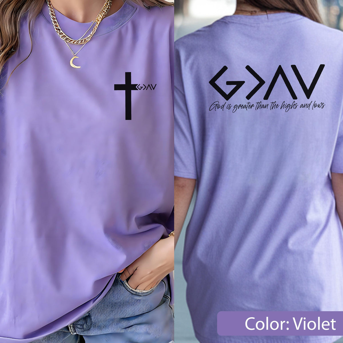 May include: A violet t-shirt featuring a black cross and the text G>AV on the front left chest. The back of the shirt displays the text G>AV and the phrase God is greater than the highs and lows in black lettering. The shirt has a crew neckline.