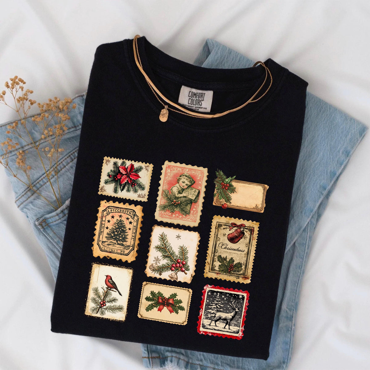 Vintage Christmas Shirt, Retro Holiday Stamps Tee, Festive Winter Tee, Christmas Party Shirt, Cute Xmas Shirt