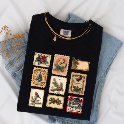 Vintage Christmas Shirt, Retro Holiday Stamps Tee, Festive Winter Tee, Christmas Party Shirt, Cute Xmas Shirt
