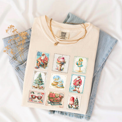 Vintage Christmas Shirt, Retro Holiday Stamps Tee, Festive Winter Tee, Summer Xmas Shirt, Christmas Party Shirt