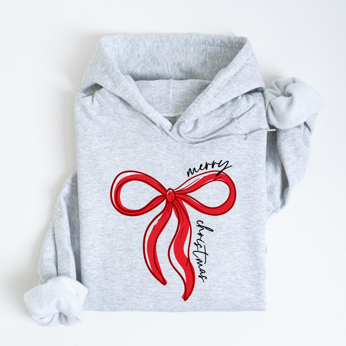 May include: A light gray hoodie featuring a large red bow graphic with the words "merry christmas" in black script. The hoodie has a drawstring hood and long sleeves, perfect for the holiday season.