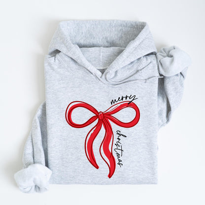 May include: A light gray hoodie featuring a large red bow graphic with the words "merry christmas" in black script. The hoodie has a drawstring hood and long sleeves, perfect for the holiday season.