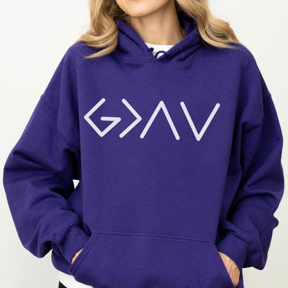May include: A deep purple hoodie with a white graphic that reads "G>AV". The hoodie has a drawstring hood and a front pocket. The text is in a minimalist, geometric style.