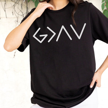 May include: A black short-sleeved t-shirt featuring a white graphic print on the chest. The design consists of the mathematical symbols G > I V, which are arranged in a stylized, linear font across the center of the garment.