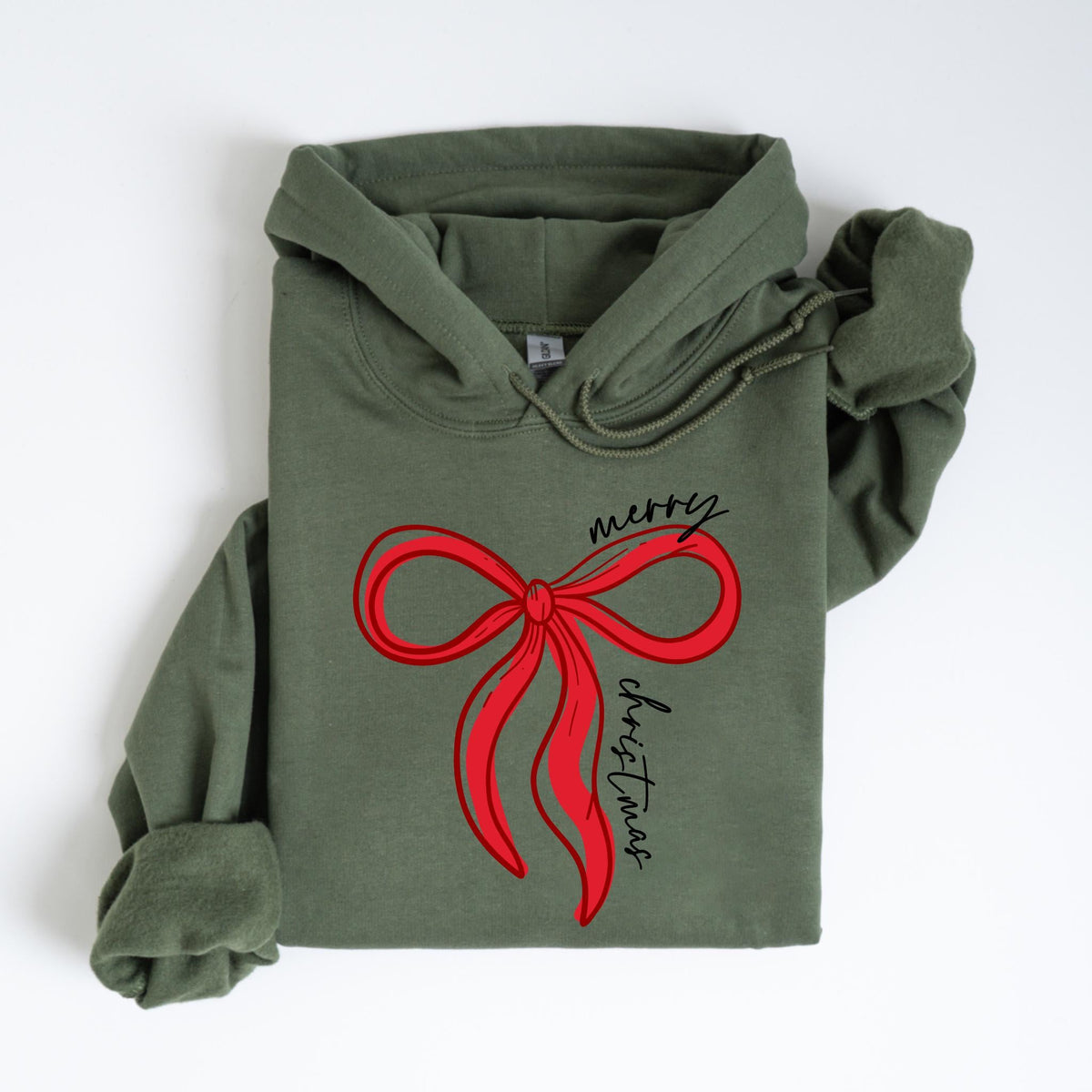 May include: An olive green hoodie with a red bow graphic and the words "merry Christmas" in black script. The hoodie has a drawstring hood and long sleeves, perfect for the holiday season.