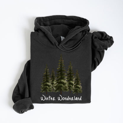 May include: Dark gray hoodie with a Winter Wonderland graphic. The design features a cluster of green pine trees and the words "Winter Wonderland" in white script. The hoodie has a drawstring hood and a front pocket.