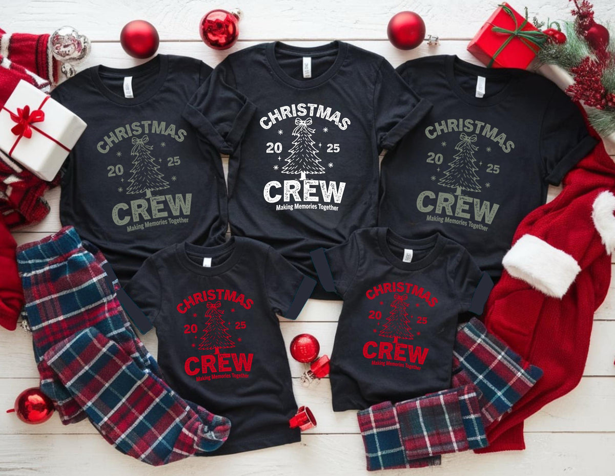 May include: Black t-shirts with the text "CHRISTMAS CREW" and a Christmas tree design. Matching plaid pajama pants and red Christmas ornaments are also visible. The shirts are for a family or group.