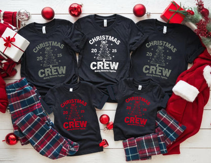 May include: Black t-shirts with the text "CHRISTMAS CREW" and a Christmas tree design. Matching plaid pajama pants and red Christmas ornaments are also visible. The shirts are for a family or group.