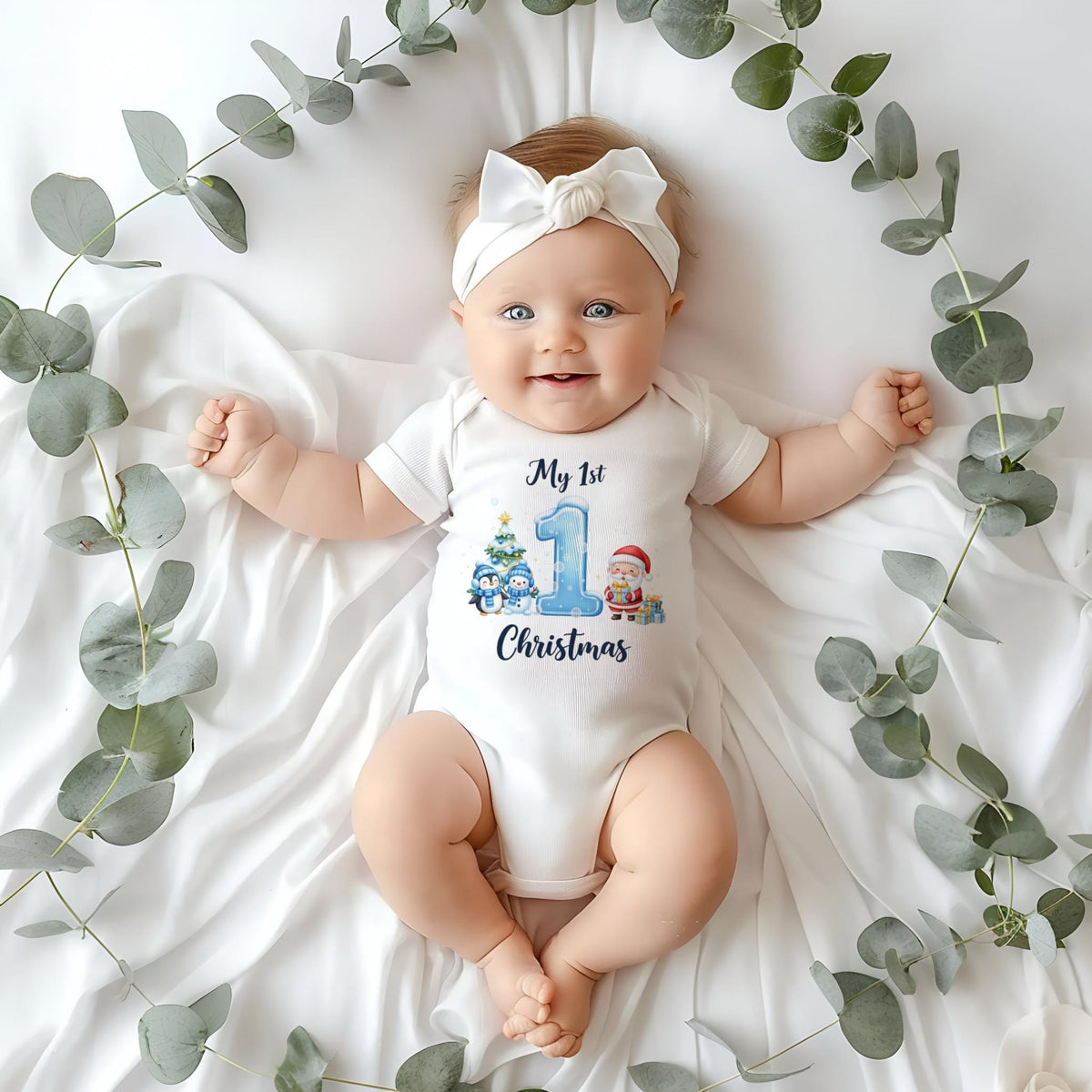 May include: A white baby onesie with the text "My 1st Christmas" and a blue number 1, Christmas tree, penguins, and Santa Claus graphic. The baby is wearing a white bow headband and is surrounded by green eucalyptus leaves.
