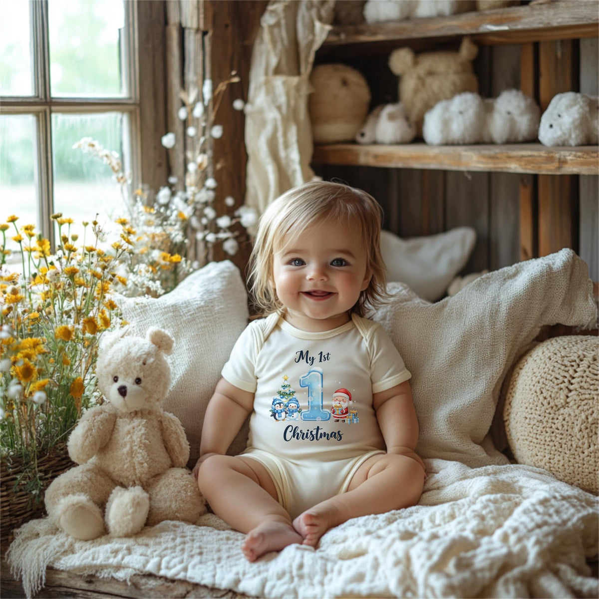 May include: A smiling baby wearing a cream-colored onesie with the text "My 1st Christmas" and a blue number 1. The onesie features a Christmas tree, penguins, and Santa Claus. A teddy bear sits nearby.