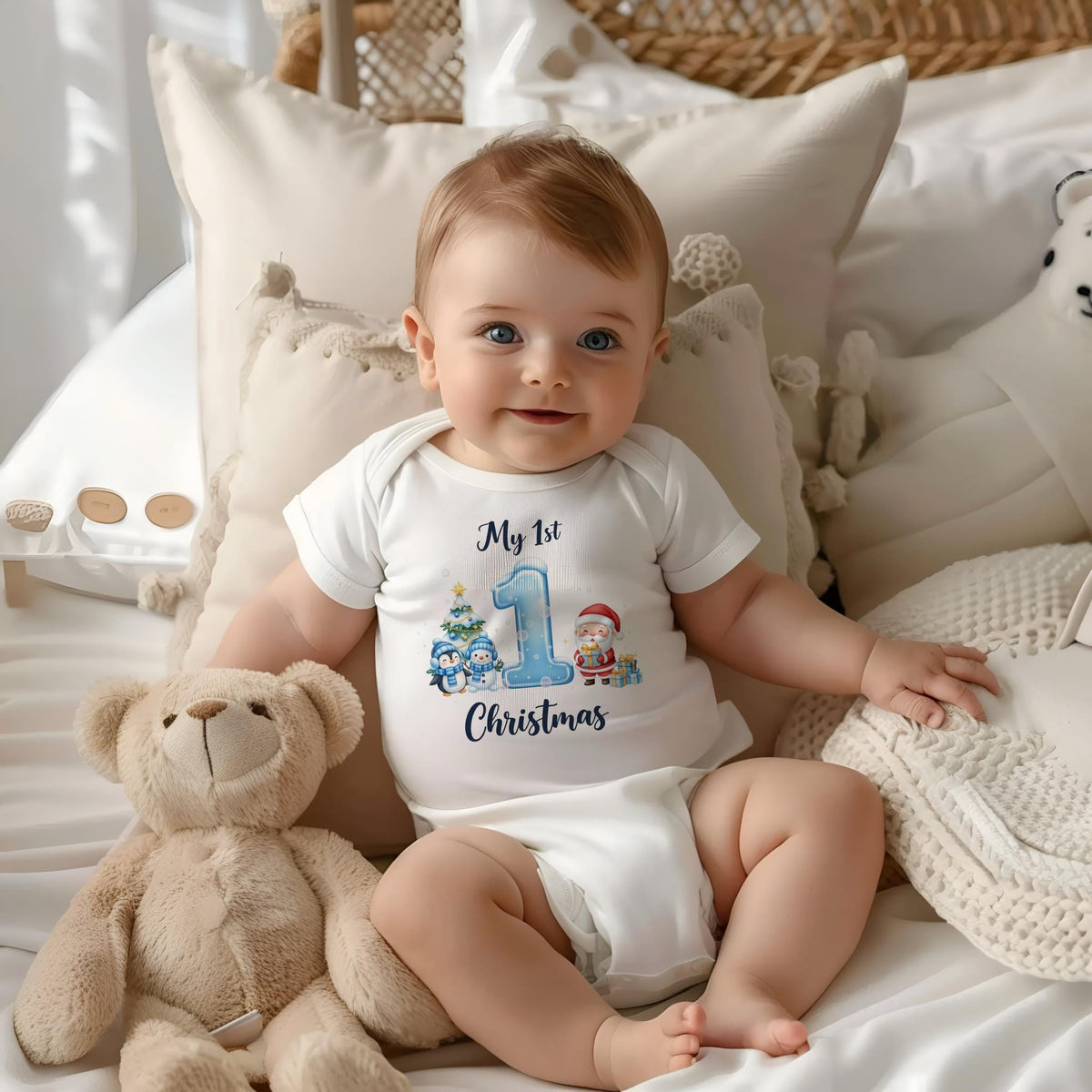 May include: A baby wearing a white onesie with the text "My 1st Christmas" and a graphic of a Christmas tree, penguins, and Santa Claus. The baby is sitting on a bed with pillows and a teddy bear.