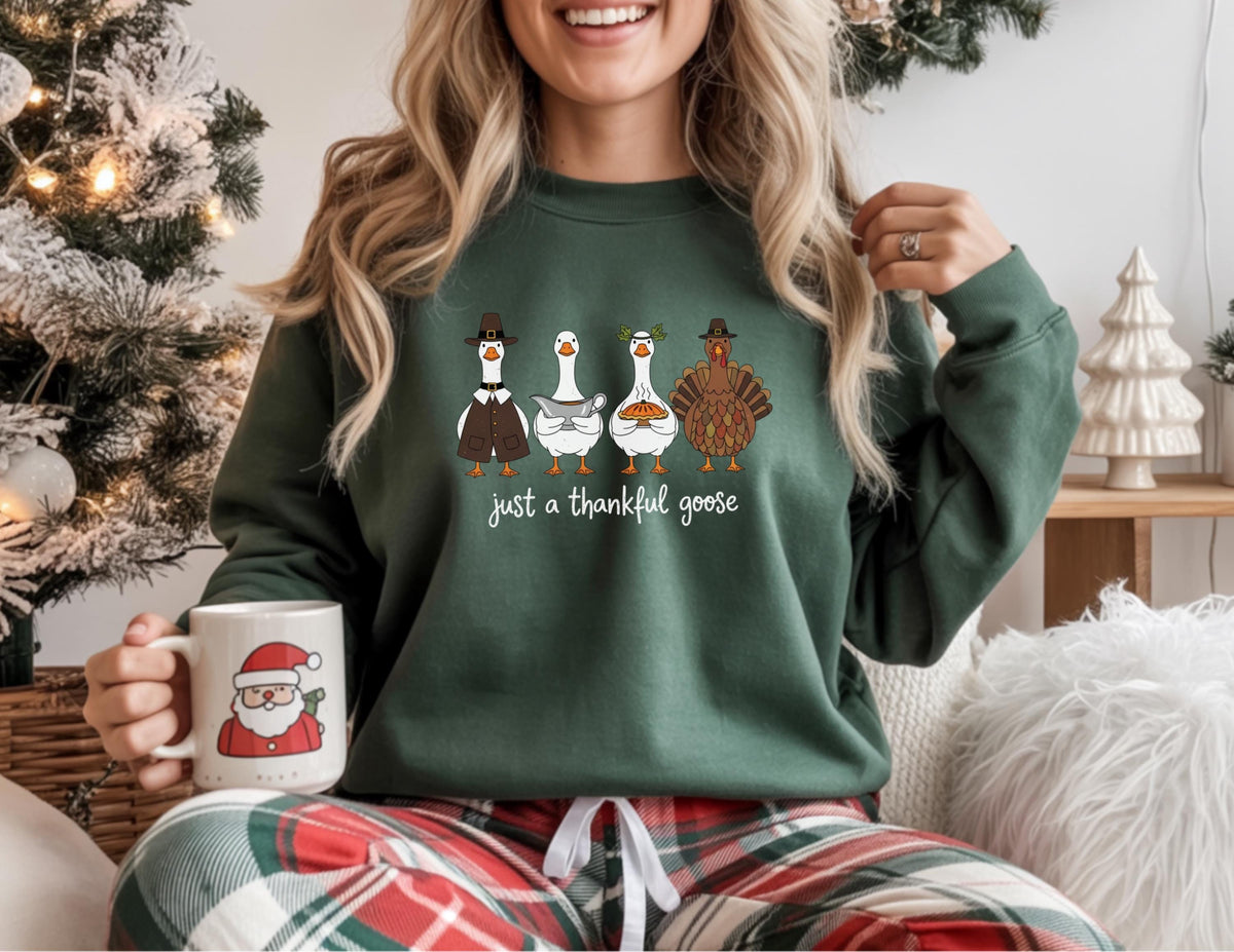 May include: A dark green sweatshirt featuring a graphic of four cartoon geese and a turkey, all dressed in Thanksgiving attire. The text "just a thankful goose" is below the characters. A white mug with a Santa Claus graphic is held in the hand.