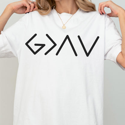 May include: A white short-sleeved t-shirt featuring a black graphic print on the chest. The design consists of the mathematical symbols G > AV, which are arranged horizontally in a clean, sans-serif font style across the center of the shirt.