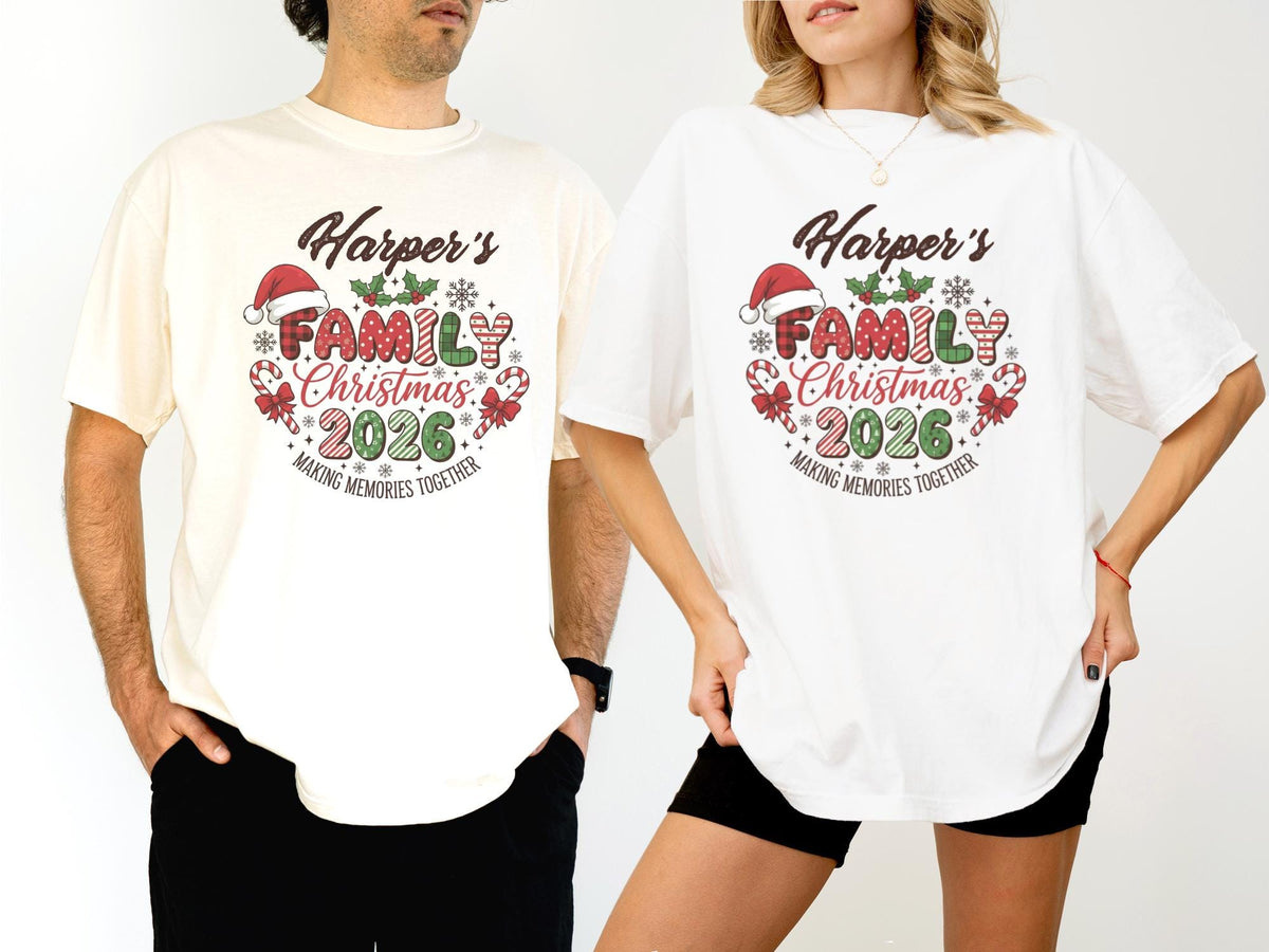 May include: Two people wearing matching t-shirts. The shirts are cream and white, featuring a Christmas design with the text "Harper's FAMILY Christmas 2026" in a festive font, with candy canes and a Santa hat.
