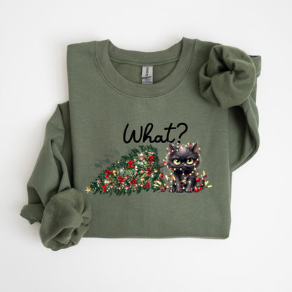 May include: Olive green sweatshirt with a graphic of a black cat tangled in Christmas lights next to a decorated Christmas tree. The word "What?" is written above the cat in black script.