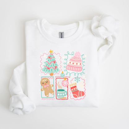 May include: White sweatshirt featuring a festive design with a Christmas tree, a pink knit hat, a gingerbread man, a mug of hot cocoa, and a Christmas stocking. The illustrations are in pastel colors with decorative borders, perfect for the holiday season.