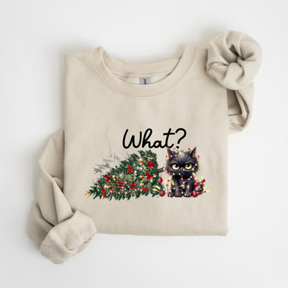 May include: A beige sweatshirt with a graphic of a black cat tangled in Christmas lights next to a fallen Christmas tree. The word "What?" is written above the cat in black script.