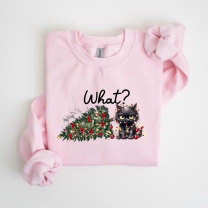May include: A light pink sweatshirt featuring a graphic of a black cat tangled in Christmas lights next to a fallen Christmas tree. The word "What?" is written above the cat in black script.